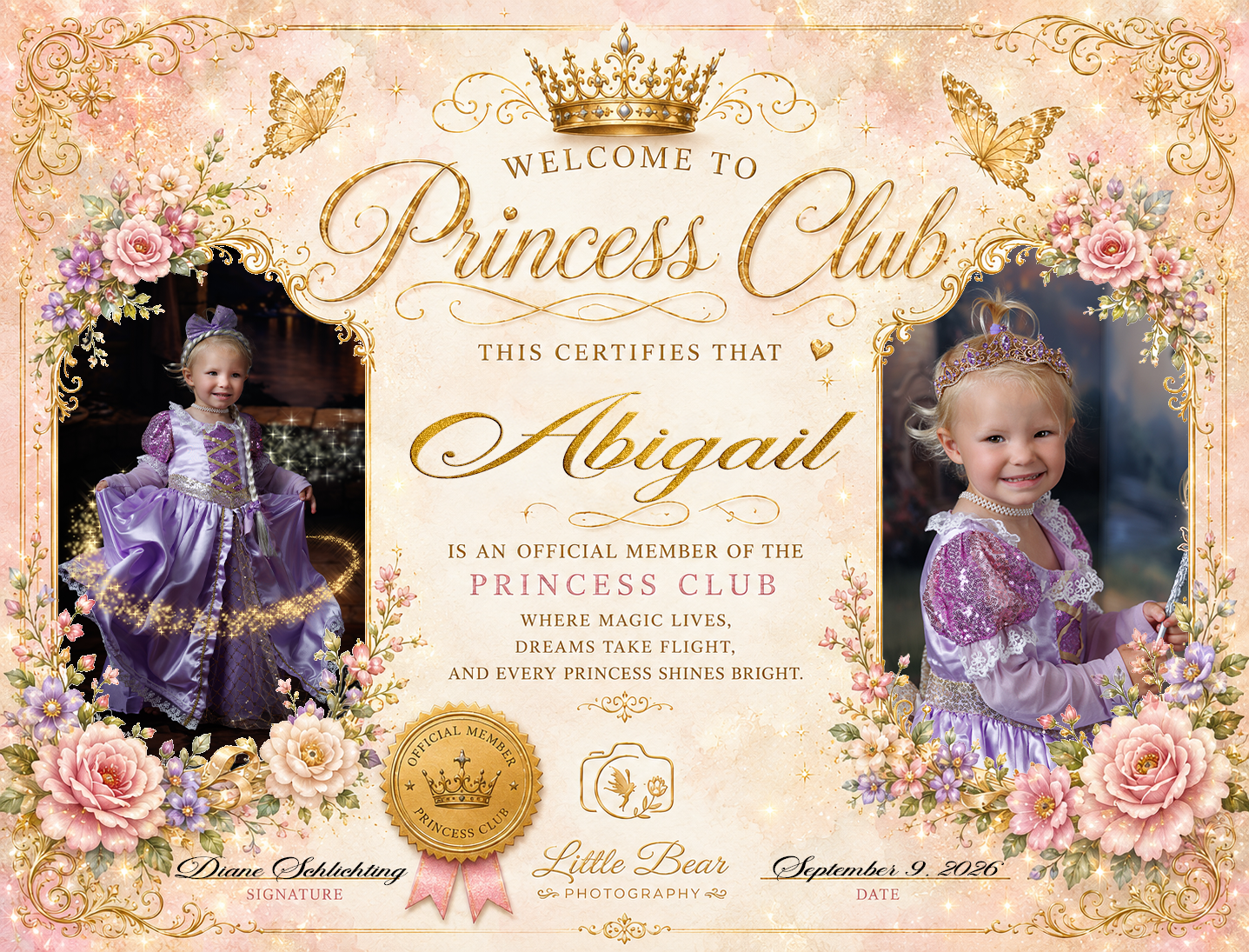Personalized Princess Club certificate for Abigail featuring two photos of a girl in a purple Rapunzel gown with floral decorations.