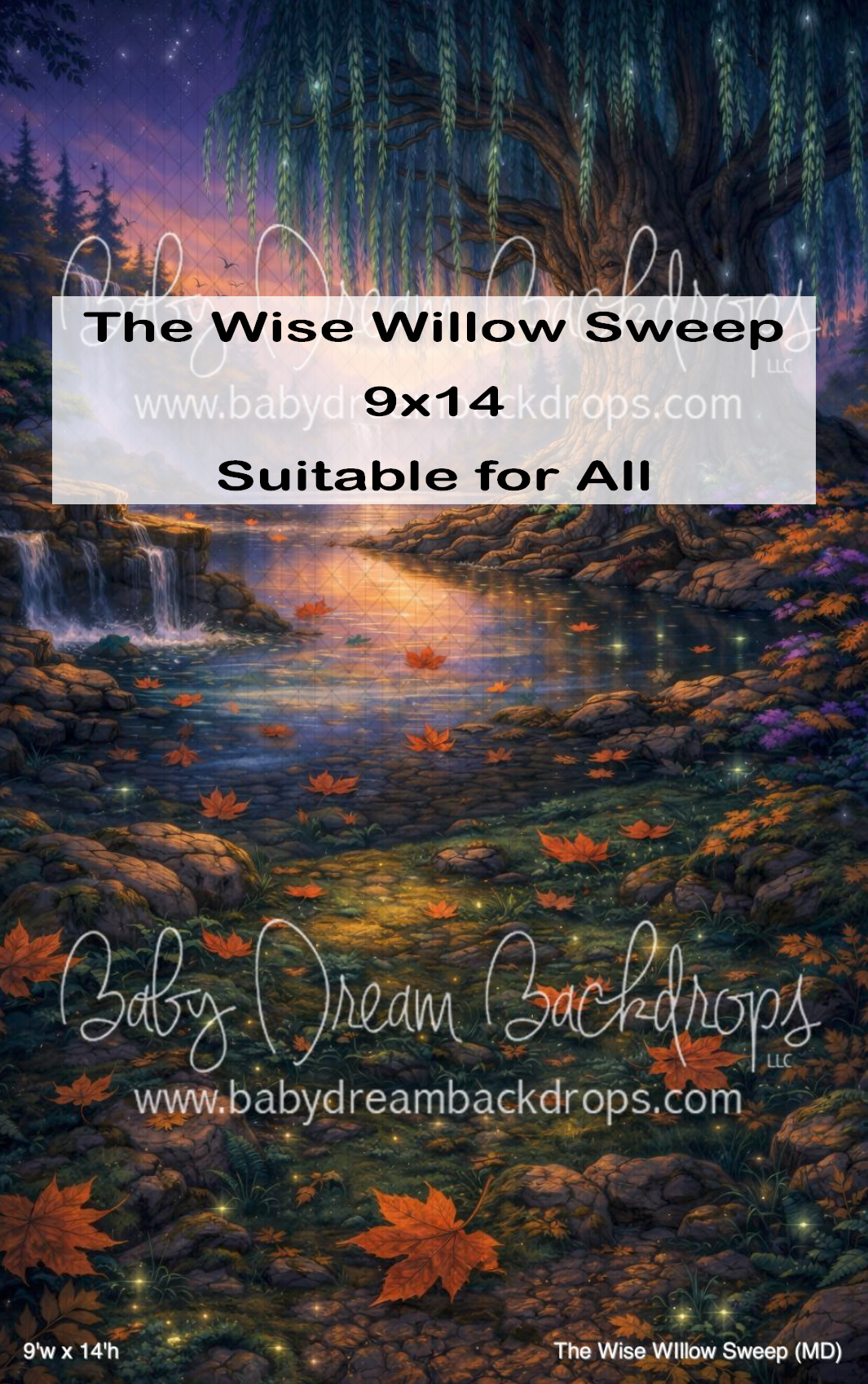 Enchanted forest backdrop with willow trees, waterfall, and autumn leaves, 9x14, by Baby Dream Backdrops.