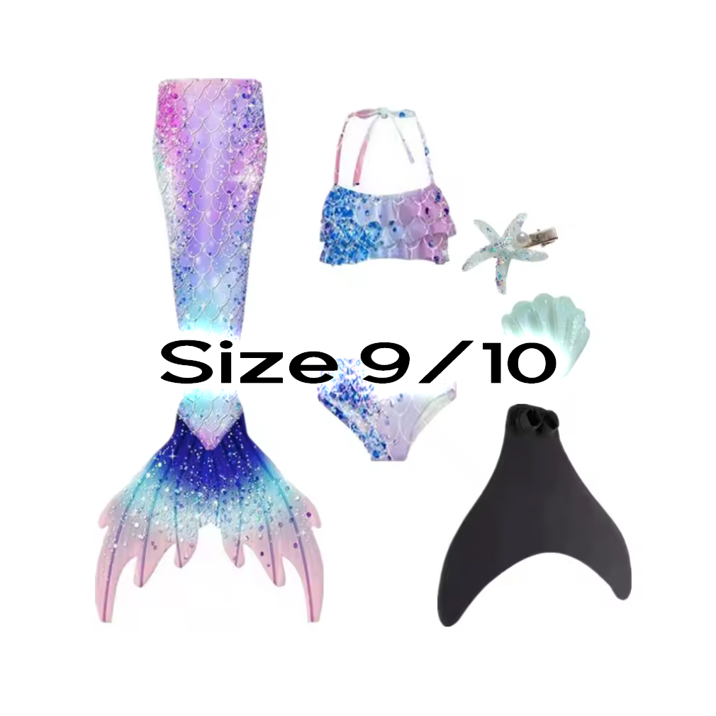Size 9/10 kids mermaid tail swimsuit set in purple-blue ombre with bikini top, monofin, and shell accessories.