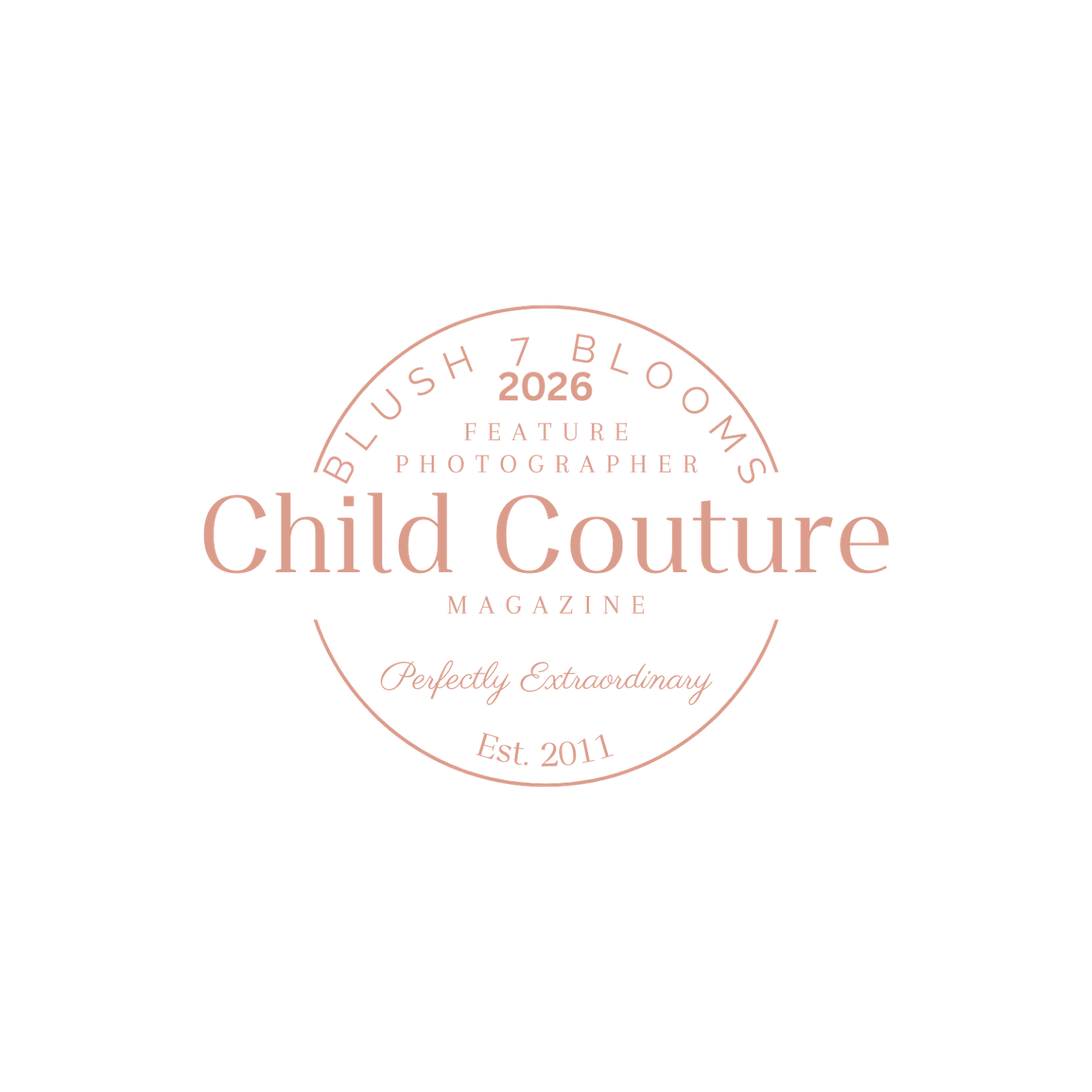 Blush 7 Blooms 2026 Feature Photographer Child Couture Magazine badge logo with elegant pink typography.