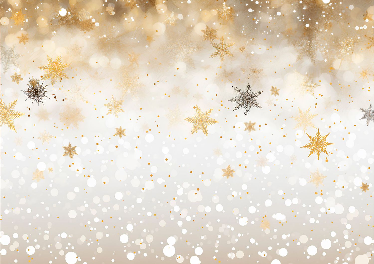 Golden and silver stars with bokeh snowflakes on a warm glowing holiday background, perfect for Christmas designs.