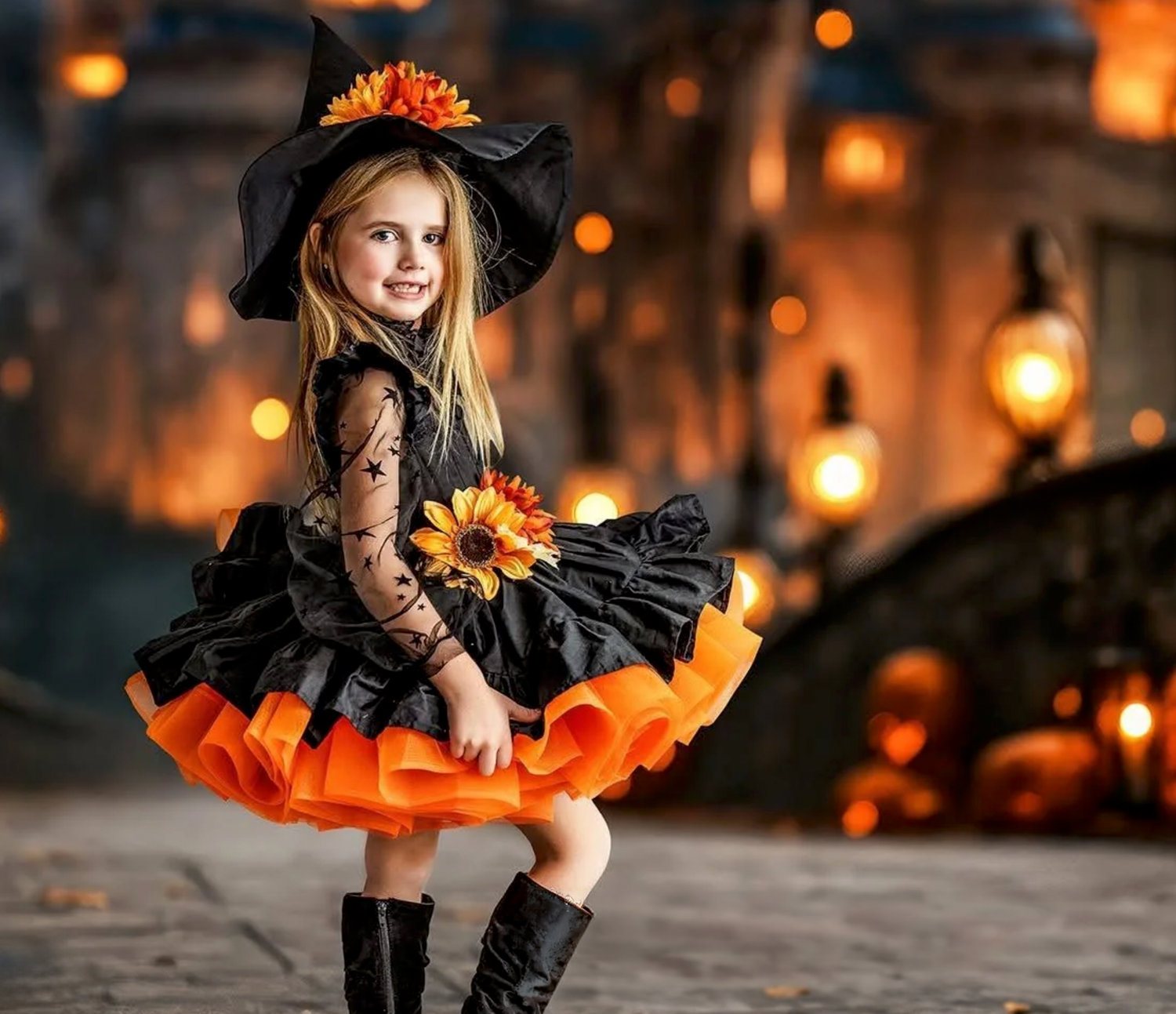 Young girl in black and orange witch Halloween costume with hat and boots poses outdoors with pumpkins and bokeh lights.