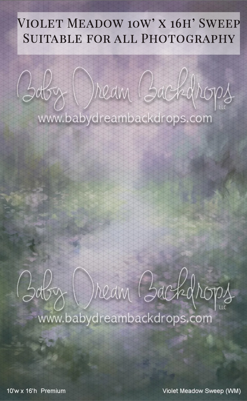 Violet Meadow 10x16 sweep photography backdrop with soft purple and green misty forest tones by Baby Dream Backdrops.