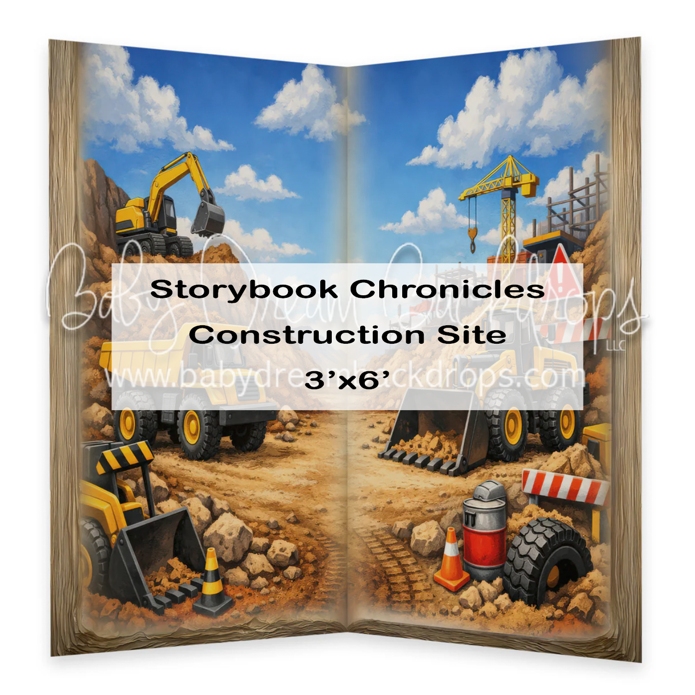 Storybook Chronicles Construction Site 3x6 photography backdrop featuring yellow construction equipment and blue sky.