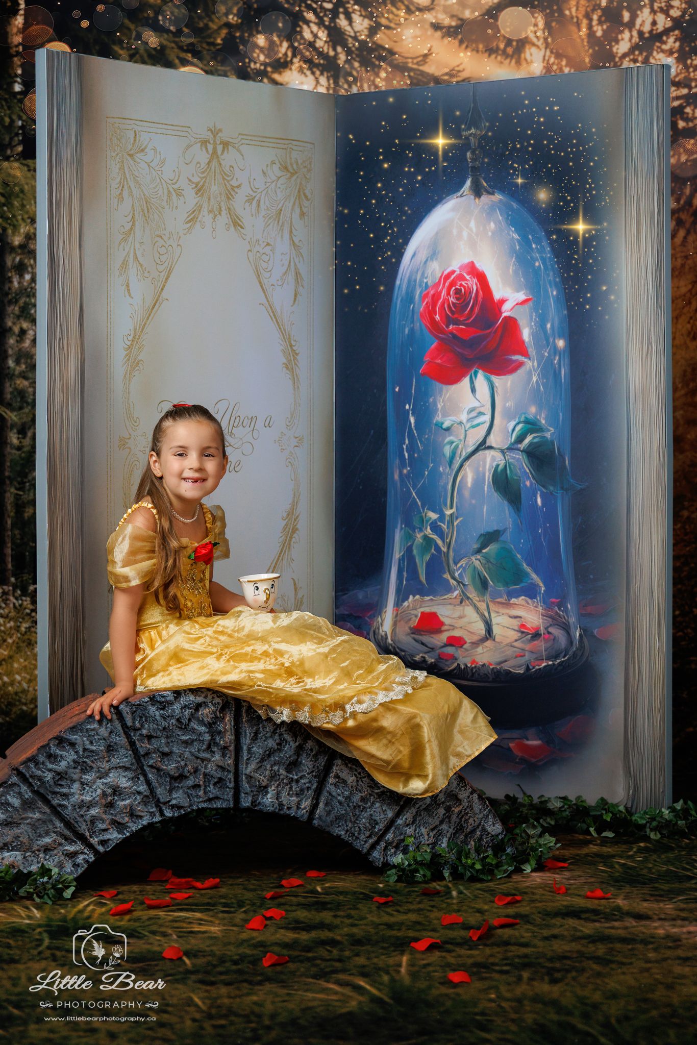 Girl in yellow Belle gown sits on stone bridge before enchanted rose backdrop in Beauty and the Beast themed photo.