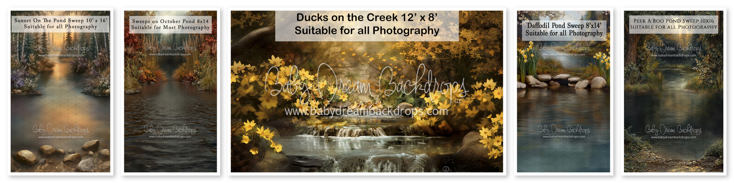 Rocks on the Creek 12x8 photography backdrop with golden wildflowers and a peaceful stream.