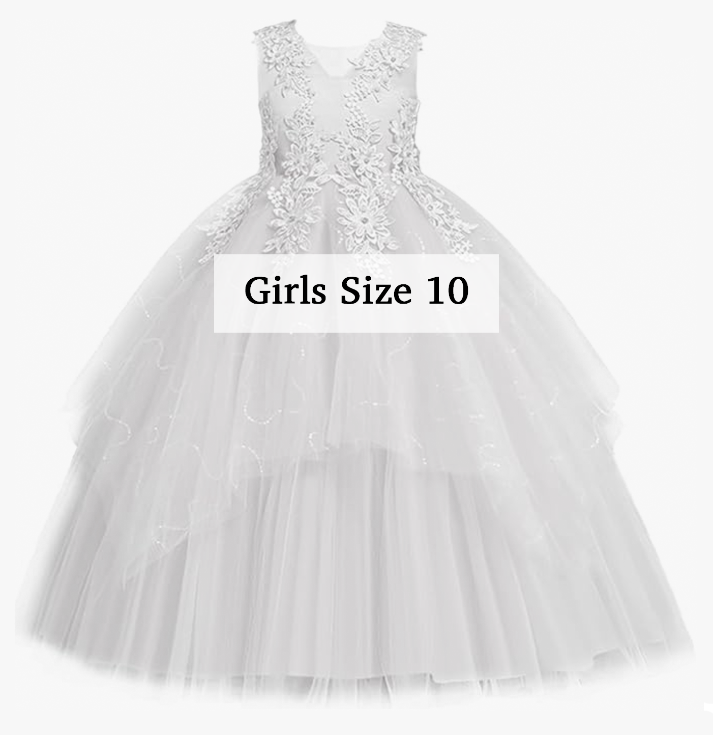 Girls Size 10 white lace and tulle flower girl dress with layered skirt and floral applique bodice.