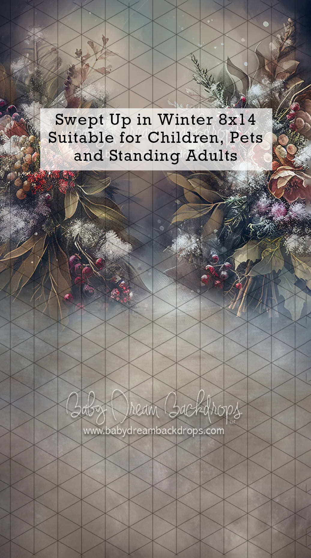 Winter photography backdrop with floral wreaths, berries, and snow, suitable for children, pets, and standing adults, 8x14.