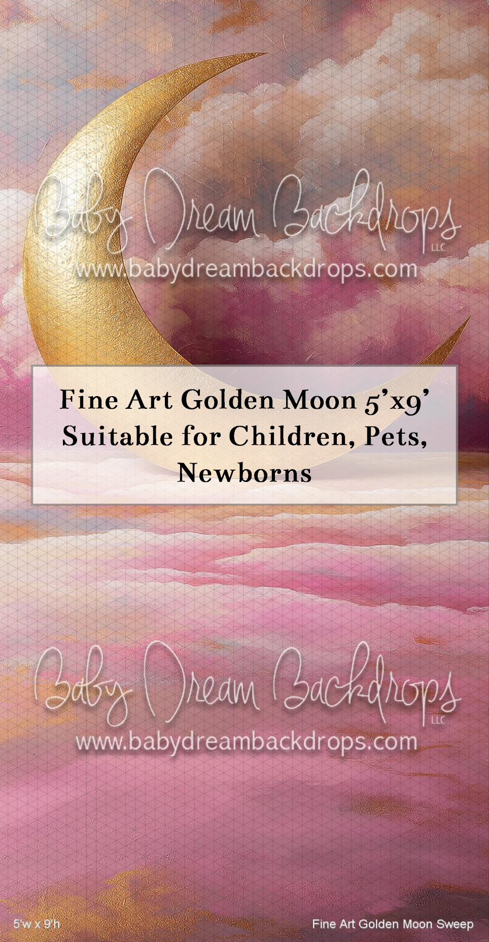 Fine Art Golden Moon photography backdrop, 5x9 feet, with a golden crescent moon above pink dreamy clouds, ideal for children and newborns.