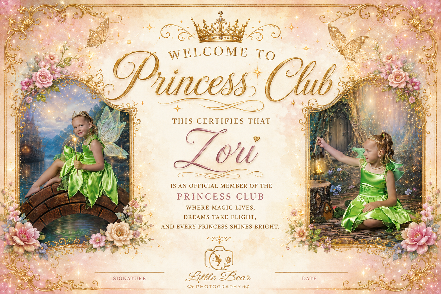 Personalized Princess Club certificate for Zori featuring fairy tale artwork with a girl in green fairy costume holding a lantern.