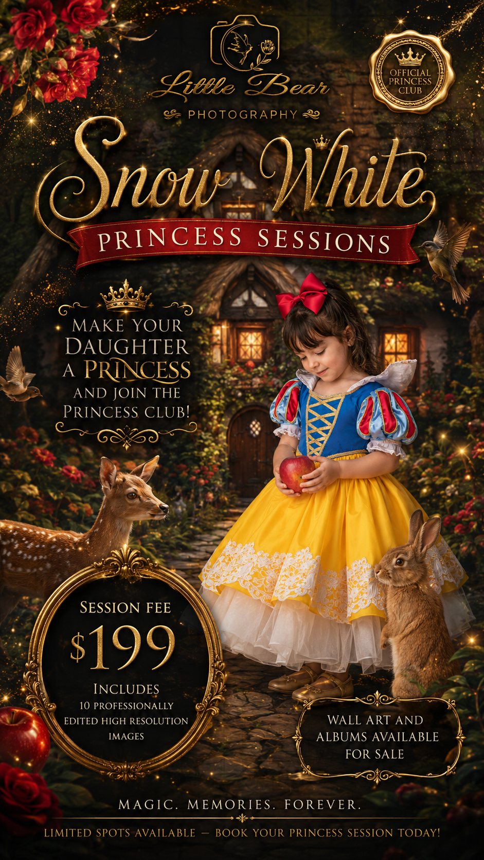 Little Bear Photography Snow White Princess Sessions ad featuring a girl in Snow White costume with deer and rabbit for $199.