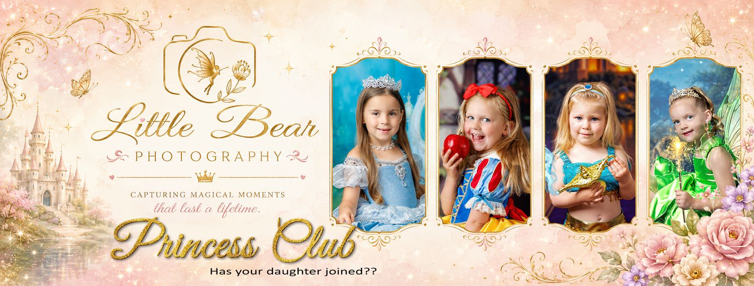 Little Bear Photography Princess Club banner featuring young girls dressed as princesses in a magical pink castle setting.