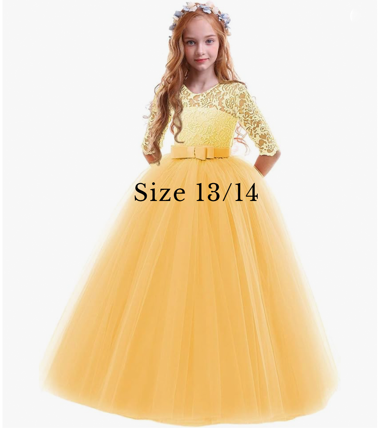Yellow lace and tulle floor-length girls pageant dress with bow belt, size 13/14.