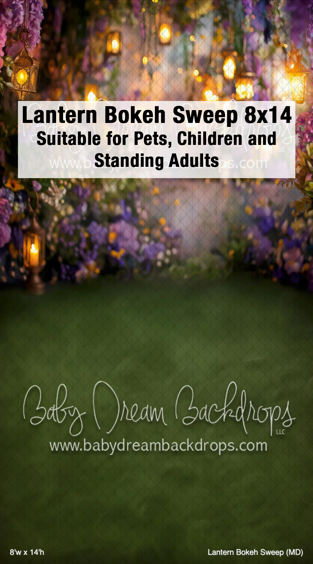 Lush floral wall with hanging lanterns and green grass floor sweep photography backdrop, Lantern Bokeh Sweep 8x14.
