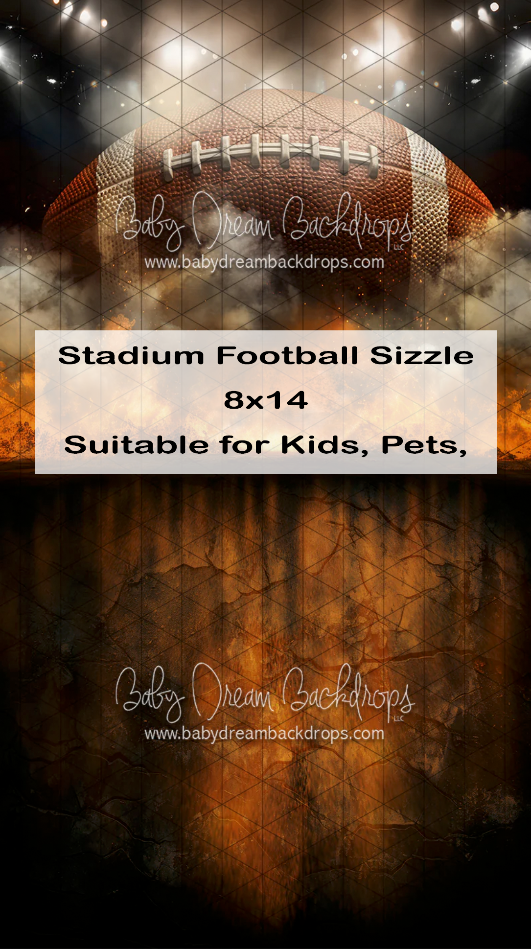 Stadium Football Sizzle 8x14 backdrop featuring a large football with stadium lights and fiery textures.