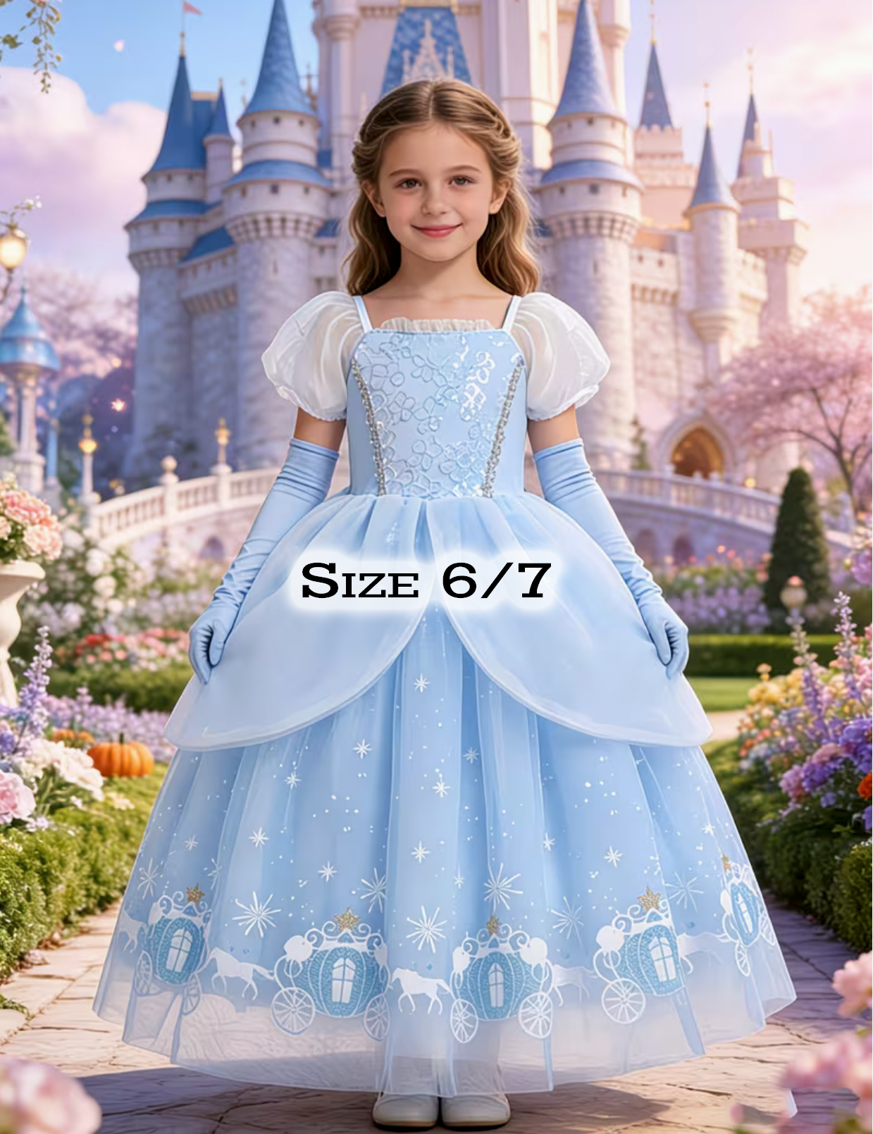 Girl wearing a light blue Cinderella princess dress with puff sleeves and gloves, size 6/7, in front of a fairy tale castle.