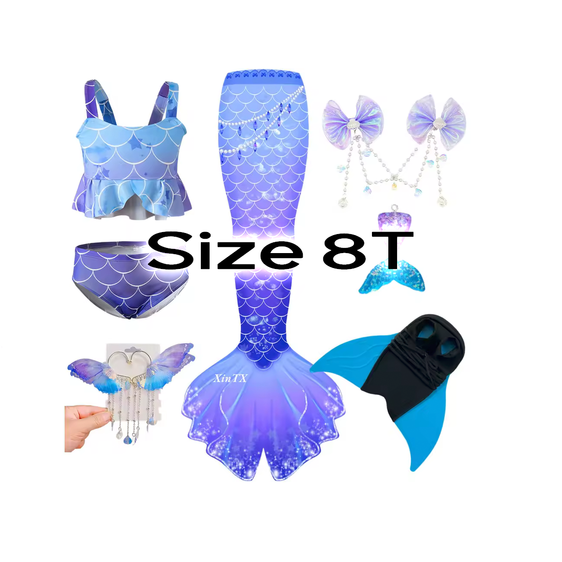 Size 8T purple mermaid tail costume set with bikini top, shorts, fin, hair accessories, and monofin for kids.