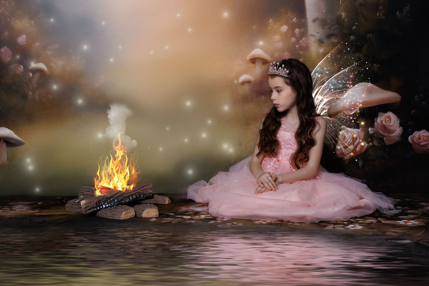 A young fairy princess in a pink dress sits beside a glowing campfire in a dreamy enchanted woodland scene.