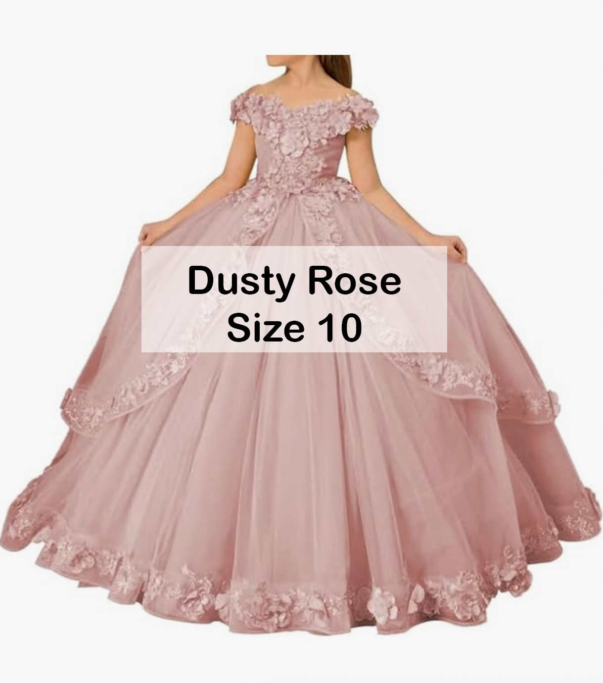 Dusty rose off-shoulder ball gown with 3D floral appliques and layered tulle skirt, size 10.