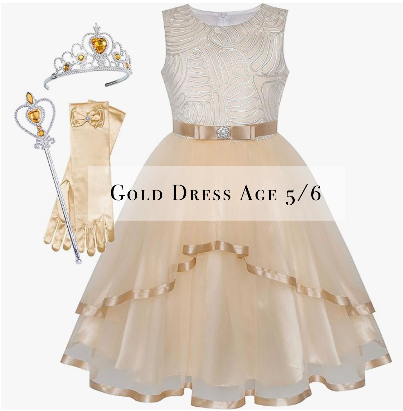 Gold princess dress set for girls age 5/6 with tiara, wand, and gloves accessories.