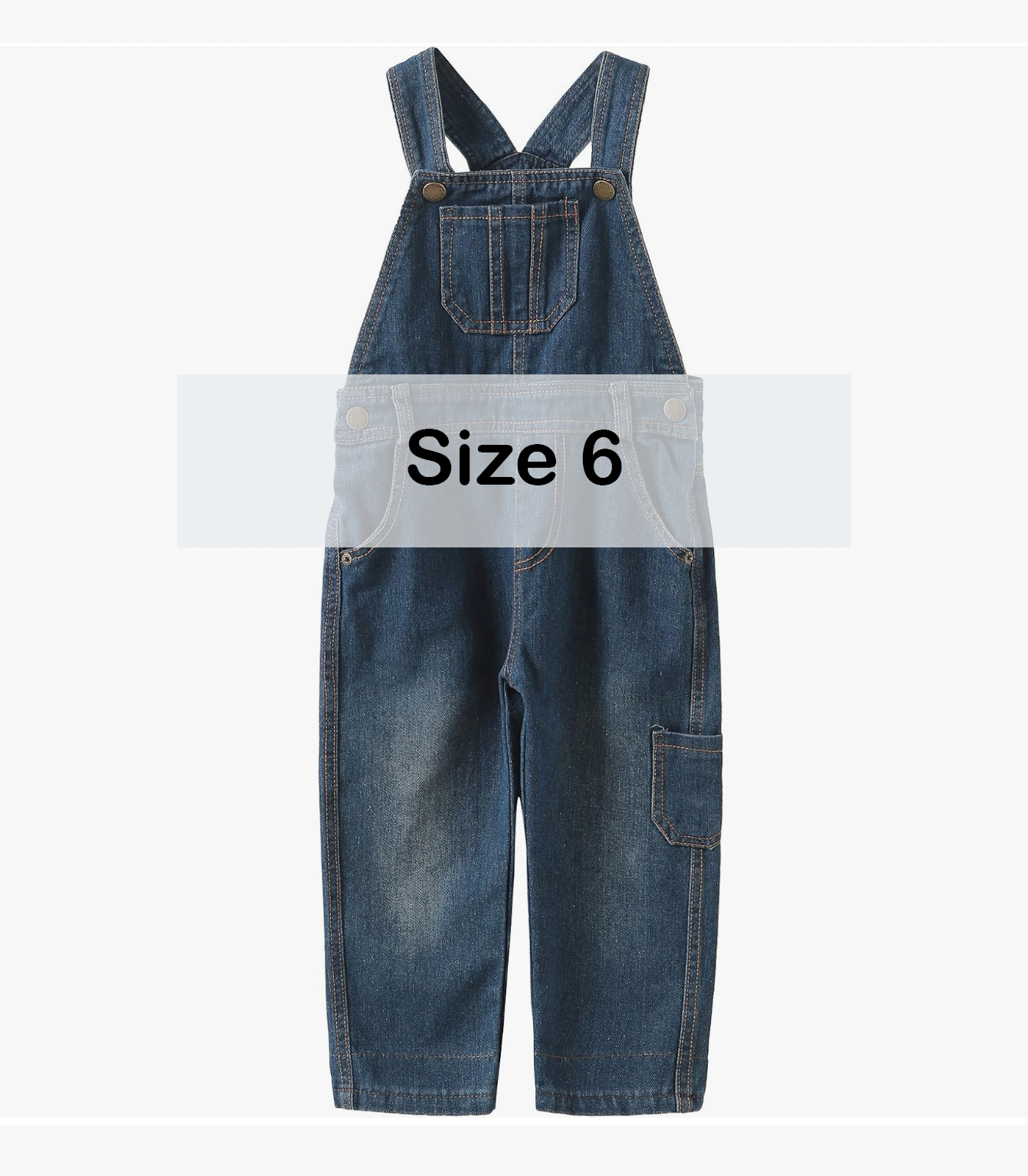 Size 6 children's denim bib overalls with adjustable straps and side pocket.