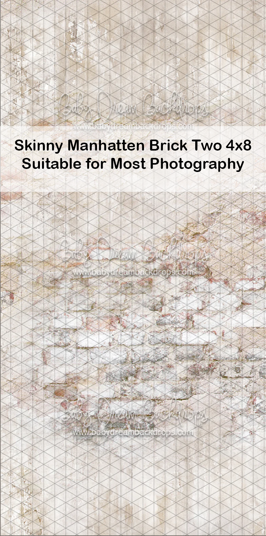 Skinny Manhatten Brick Two 4x8 photography backdrop featuring a whitewashed distressed brick wall texture.