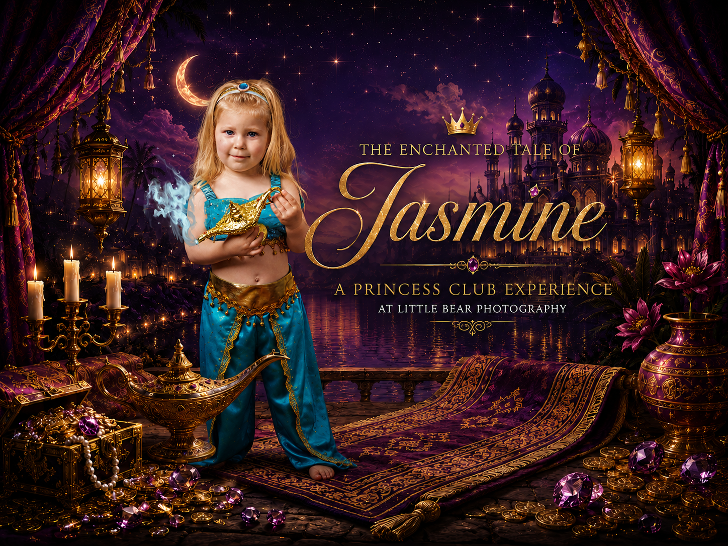 Young girl dressed as Princess Jasmine poses in an enchanted Arabian Nights themed photography studio set.