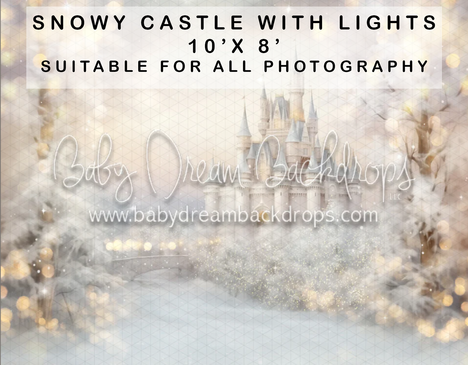 Snowy castle with lights 10x8 ft photography backdrop featuring bokeh, snow, and glowing fairy tale castle.