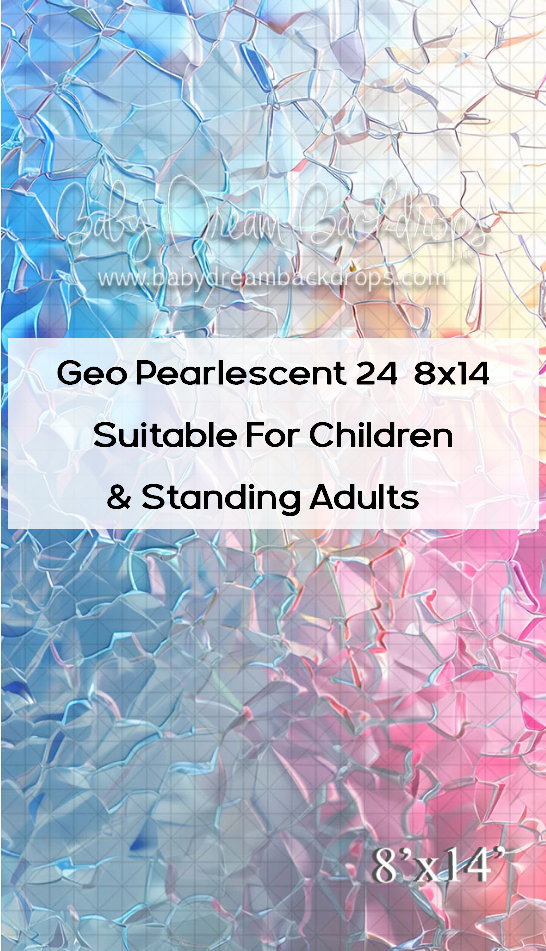 Geo Pearlescent 24 8x14 photography backdrop with iridescent blue and pink geometric glass pattern.