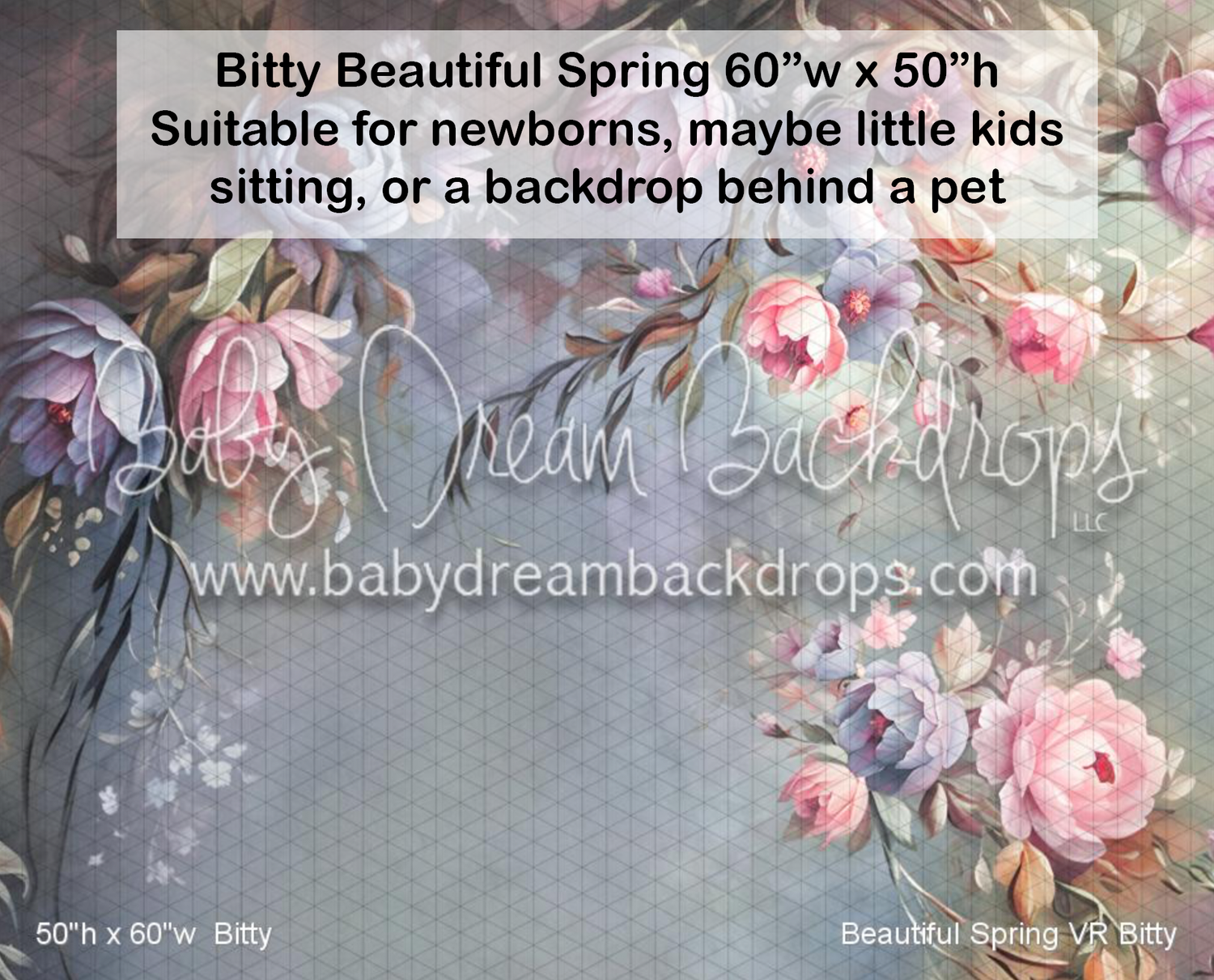 Bitty Beautiful Spring floral photography backdrop, 60x50 inches, featuring soft pink and purple flowers on a muted blue background.