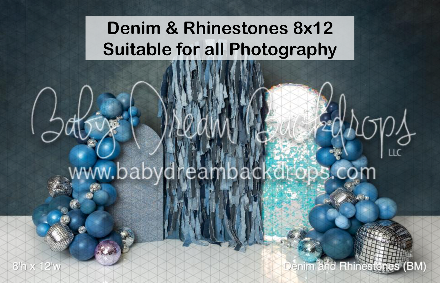 Denim and rhinestones 8x12 photography backdrop featuring blue balloons, silver fringe, and glittery decorations.