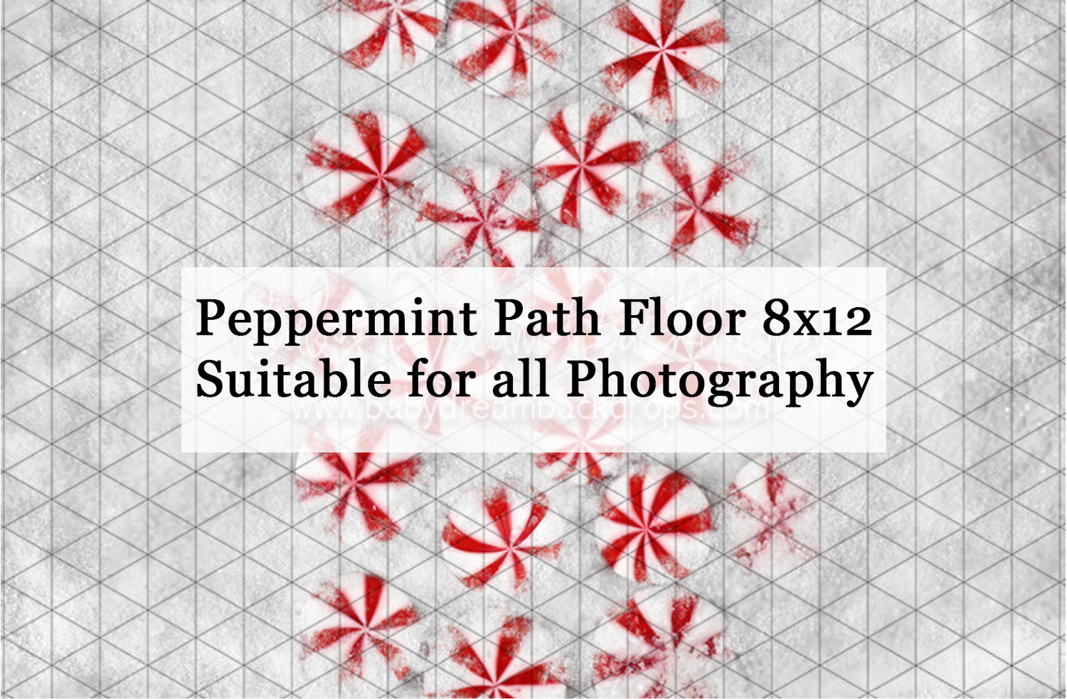 Peppermint Path Floor 8x12 photography backdrop featuring red and white peppermint candies on a light gray background.