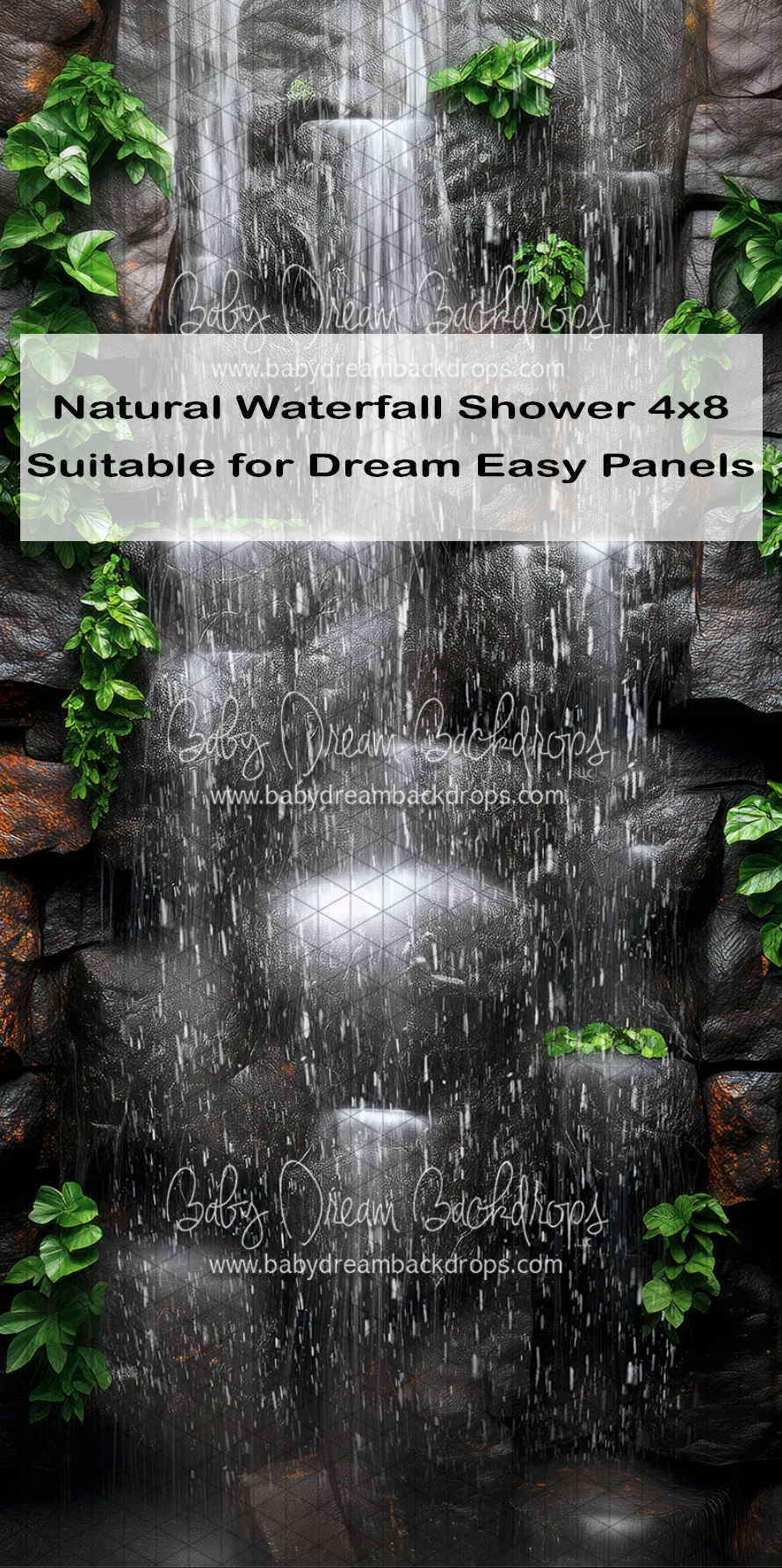 Natural waterfall shower photography backdrop 4x8, featuring cascading water, dark rocks, and lush green ivy leaves.
