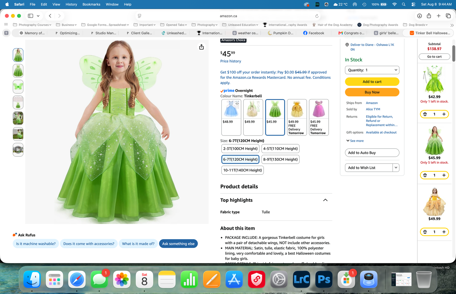 Girl in green fairy princess dress with butterfly wings costume displayed on Amazon product listing page.