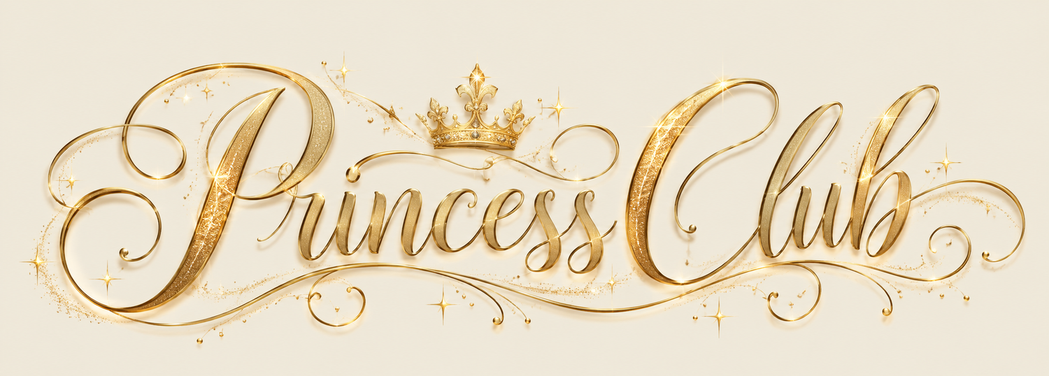 Gold calligraphic Princess Club logo with crown and ornate swirls on cream background.
