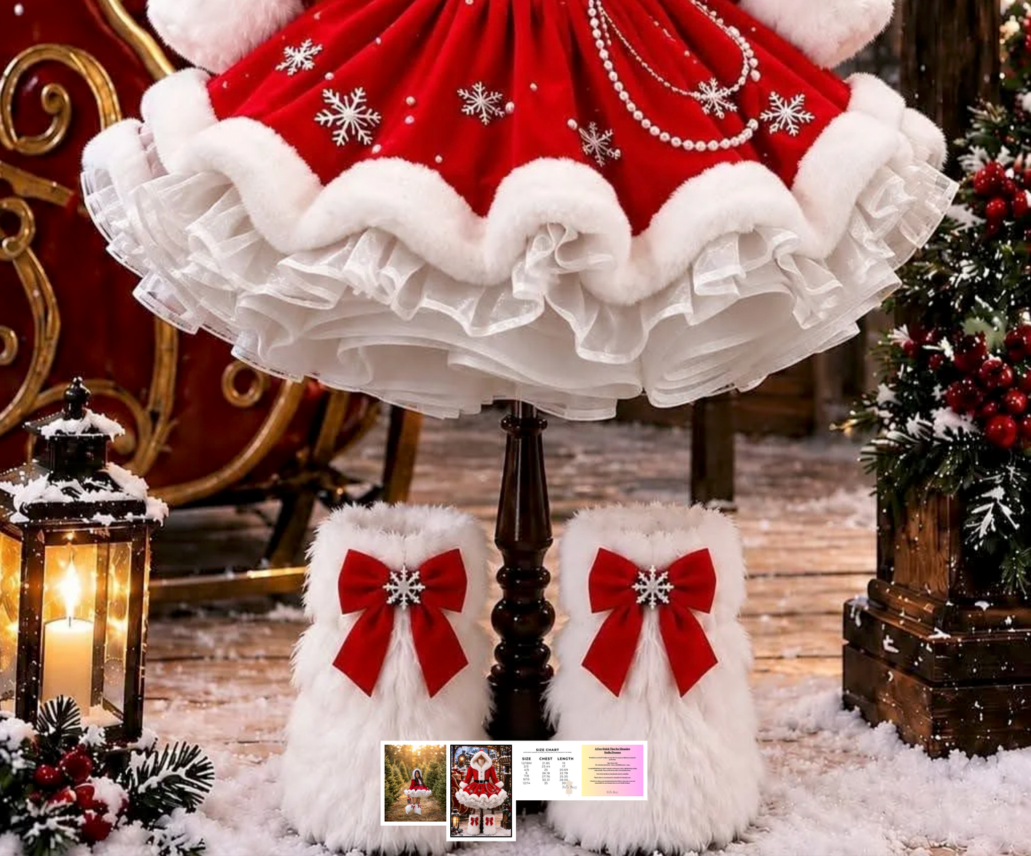 Red and white Christmas outfit with ruffled skirt and fur-trimmed boots adorned with red bows and snowflake accents.