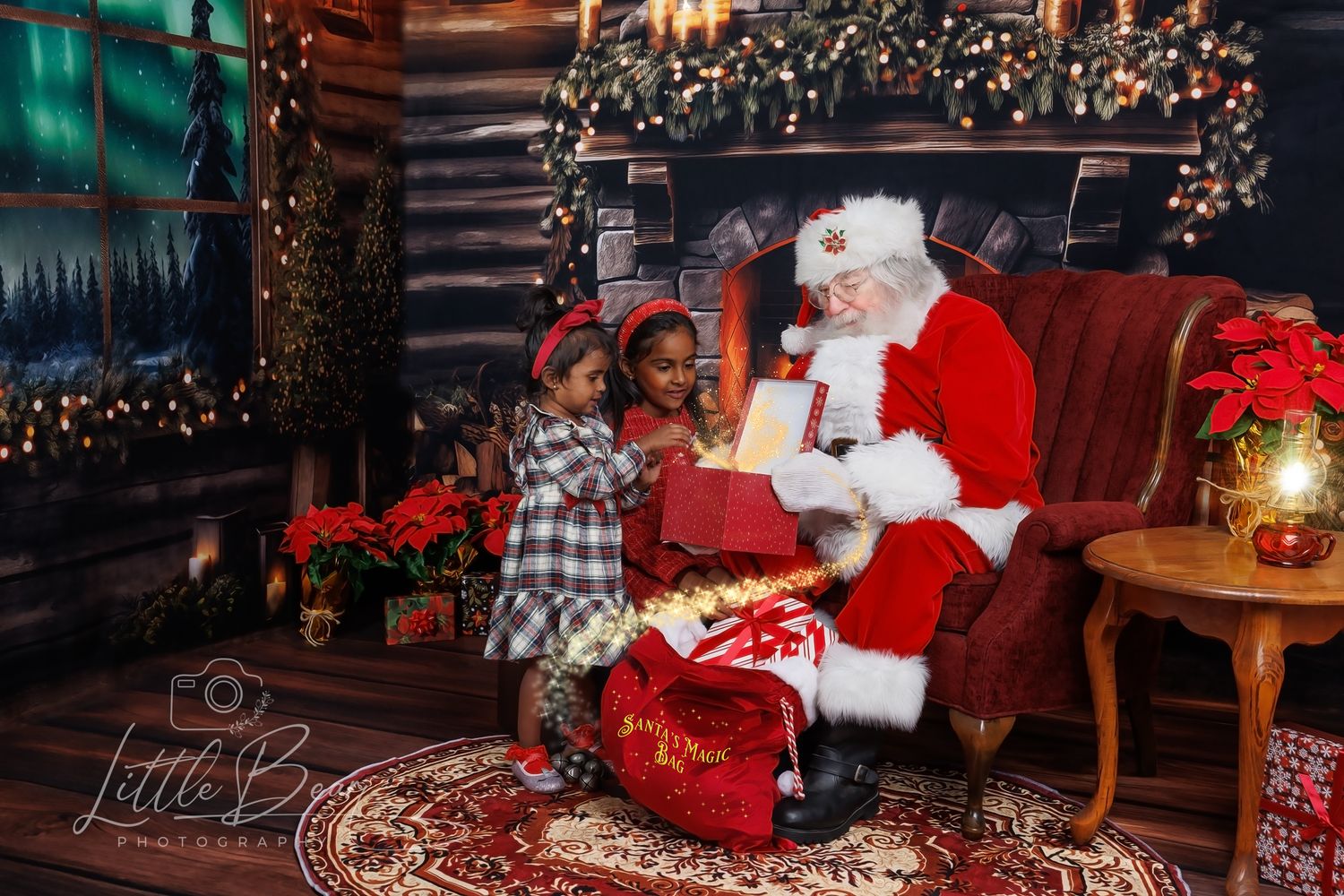 A young girl receives a gift from Santa Claus in a festive log cabin setting with Christmas decorations.