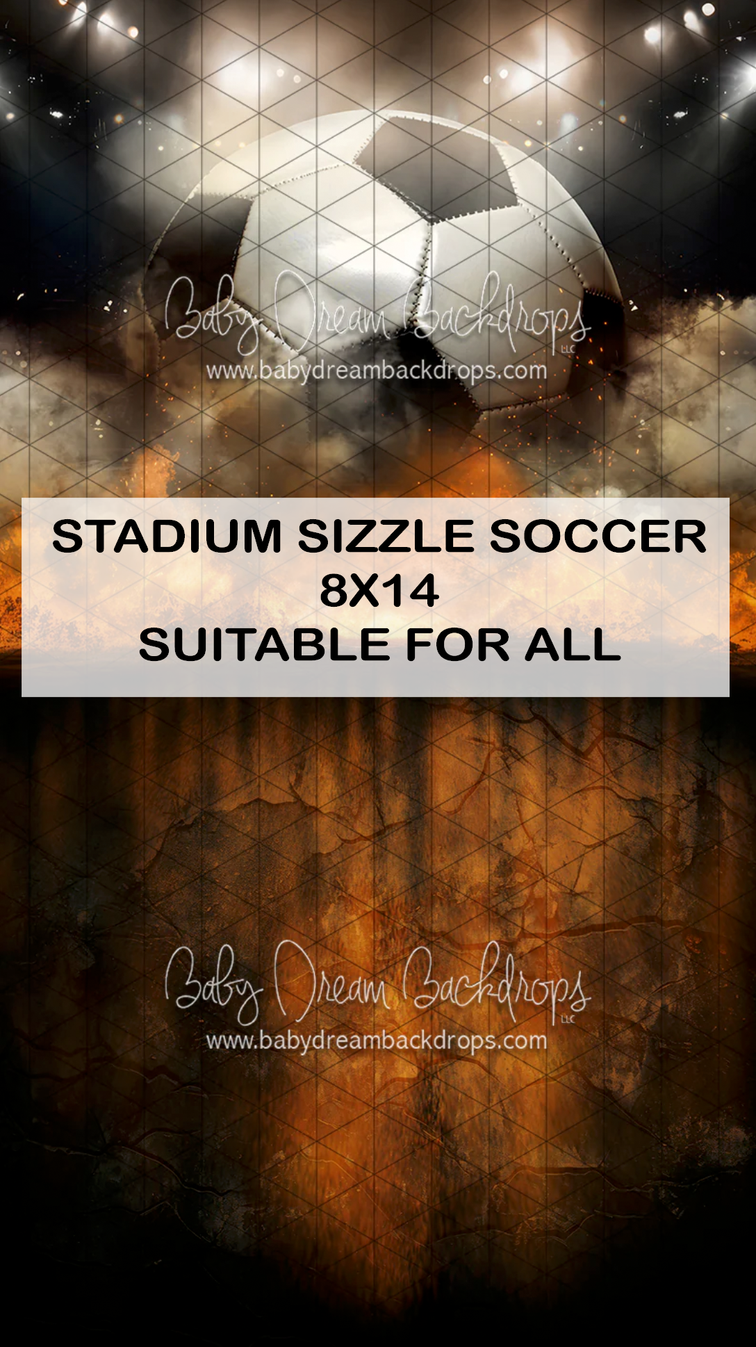 Stadium Sizzle Soccer 8x14 photography backdrop featuring a dramatic soccer ball with stadium lights and textured orange background.