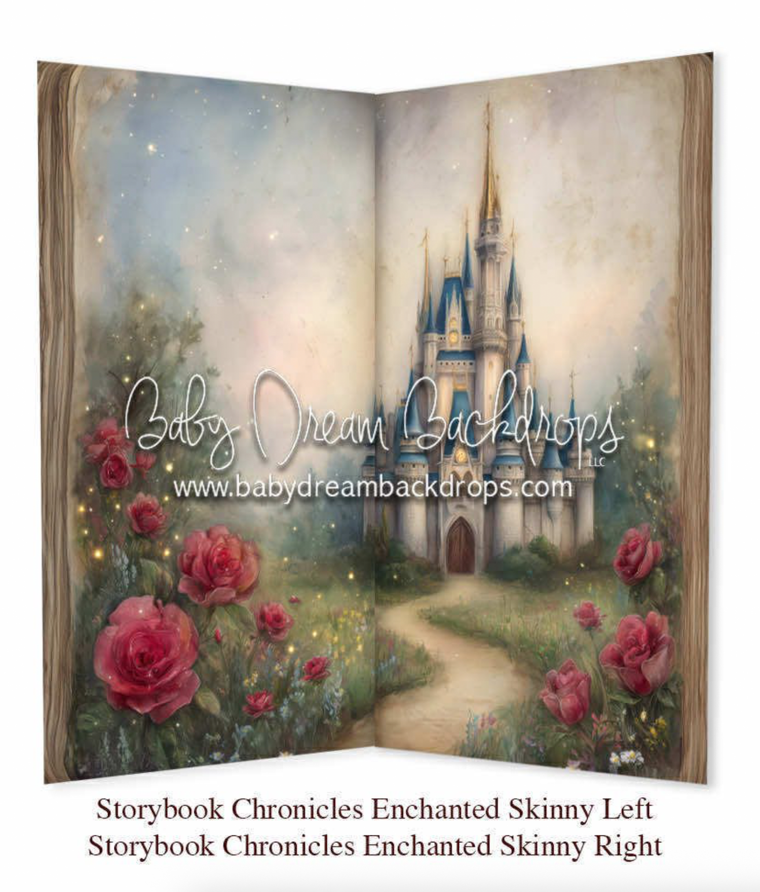 Enchanted castle storybook backdrop with roses and pathway, split book design for fantasy photography sessions.