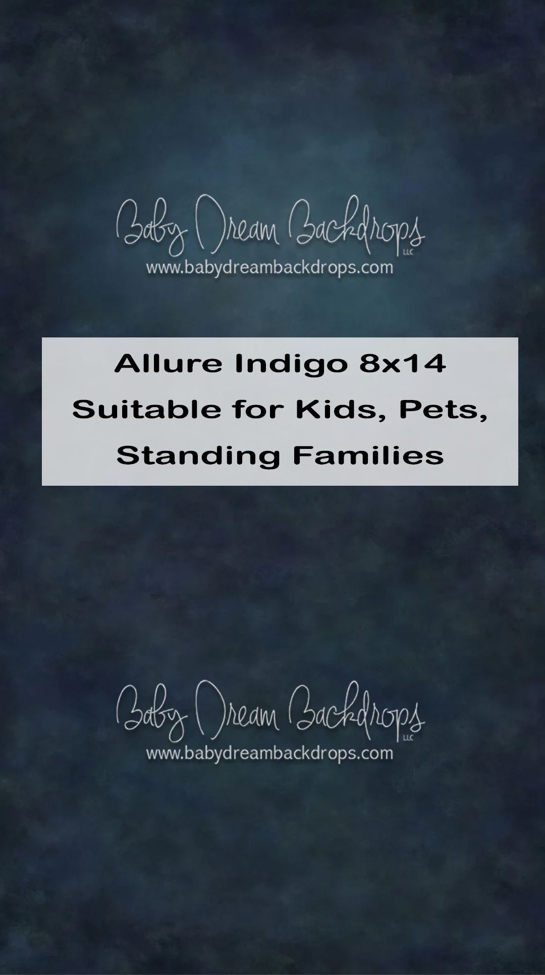 Baby Dream Backdrops Allure Indigo 8x14 photography backdrop suitable for kids, pets, and standing families.