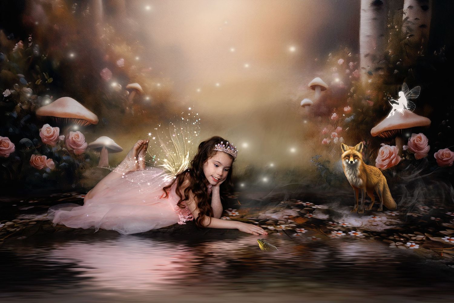 A fairy girl in pink lies by a magical pond beside a fox in a glowing enchanted forest.