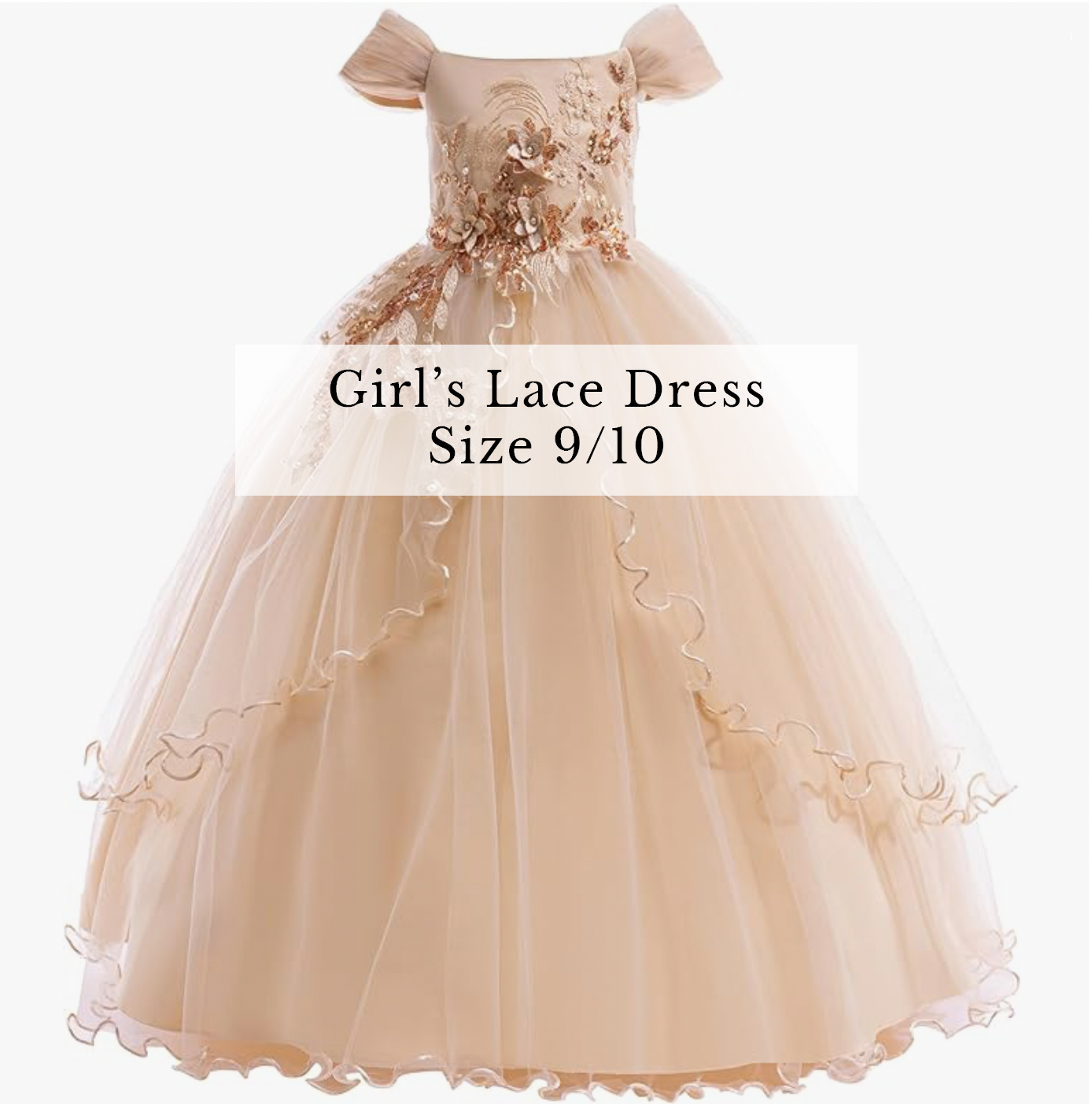 Girls champagne lace off-shoulder ball gown dress with tulle, size 9/10.