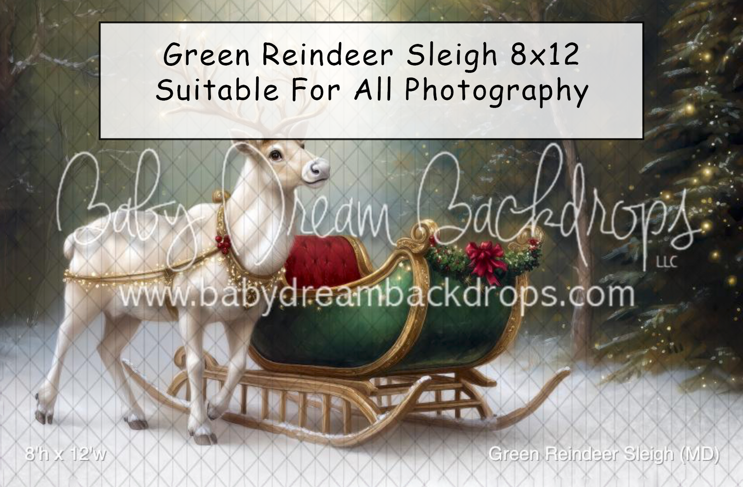 White reindeer beside a festive green sleigh with red cushion in a snowy forest Christmas photography backdrop 8x12.