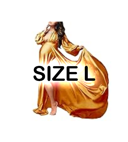 Woman wearing a flowing golden satin maxi dress with long sleeves, available in size L.