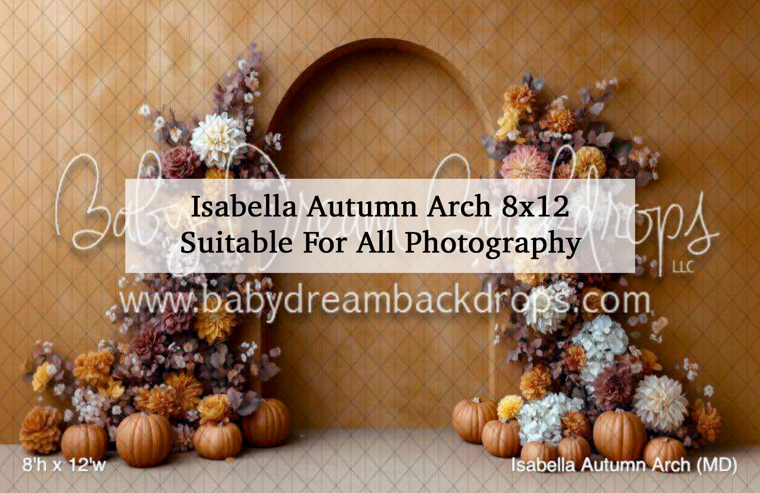 Autumn arch photography backdrop with pumpkins, dried florals, and warm tones, 8x12ft, suitable for all photography.