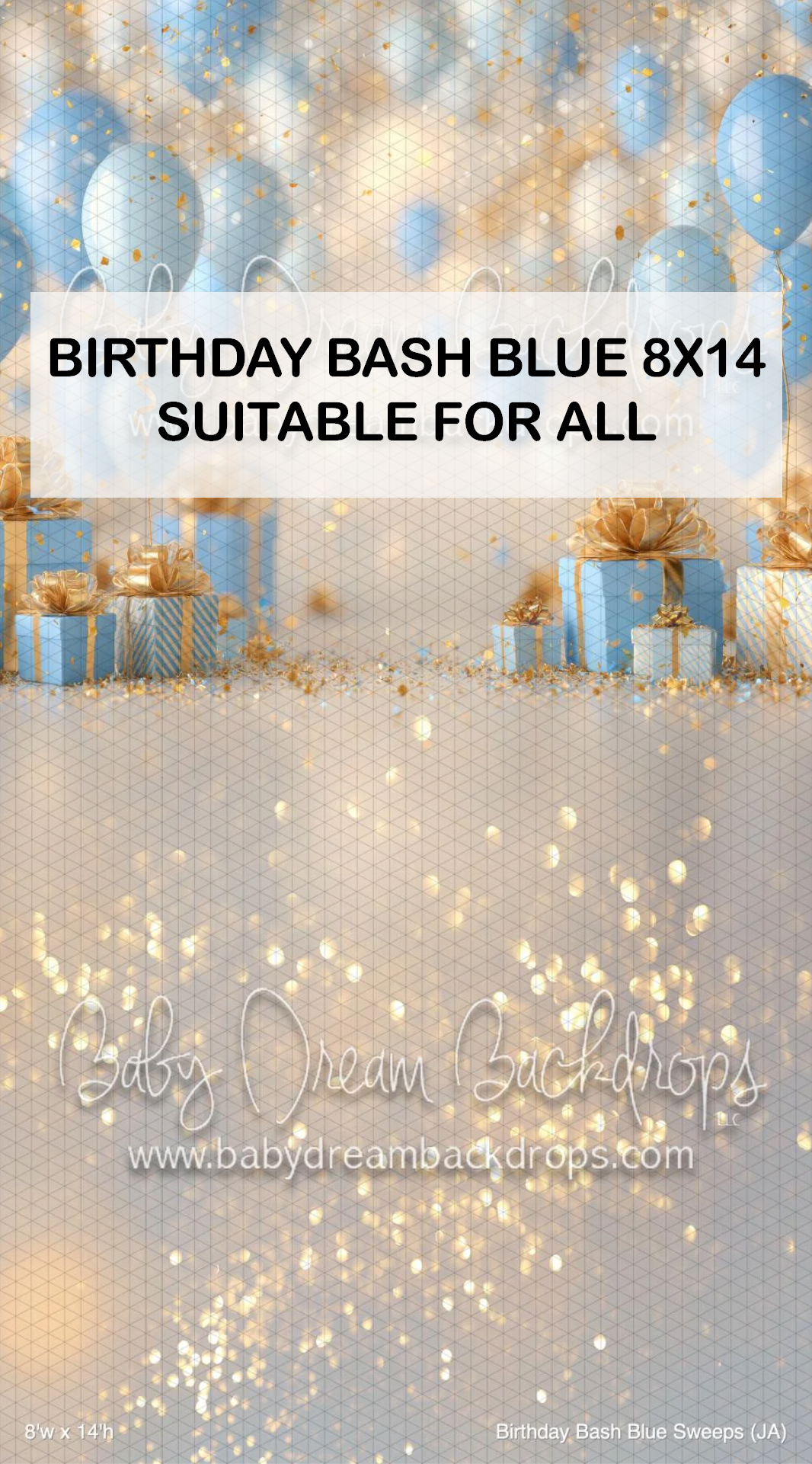 Blue birthday bash 8x14 photography backdrop with balloons, gold glitter, and gift boxes by Baby Dream Backdrops.