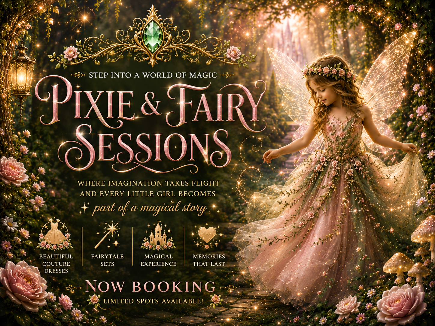 Enchanting Pixie & Fairy Sessions promotional image featuring a magical fairy girl in pink gown surrounded by flowers.