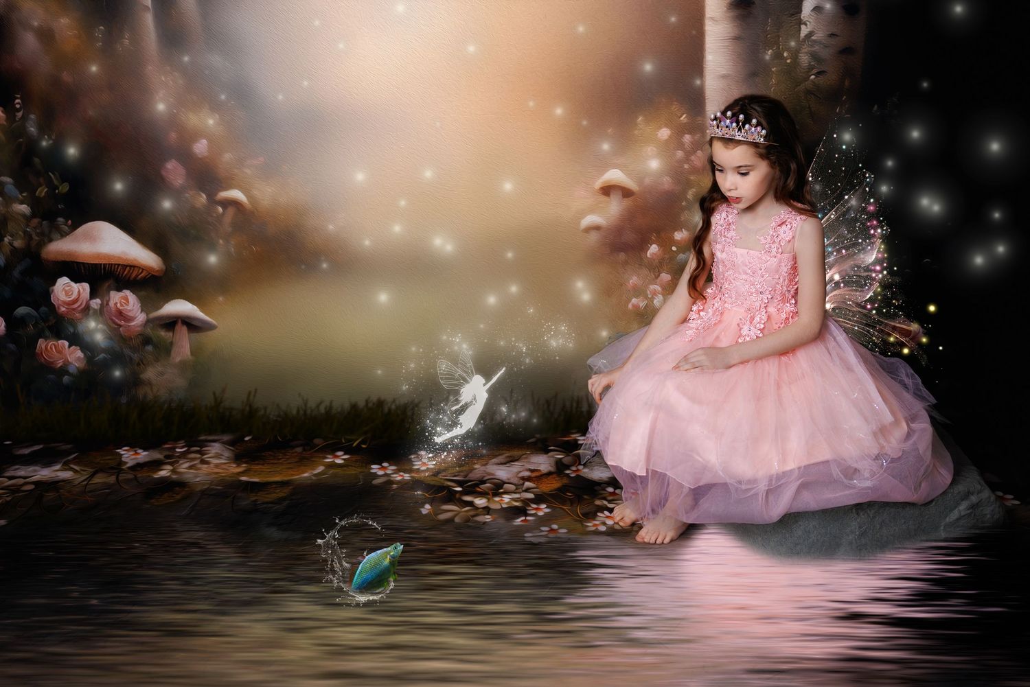 A fairy girl in a pink dress sits by a pond watching a glowing butterfly in an enchanted forest.