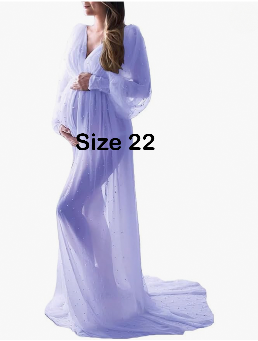 Pregnant woman in sheer white sparkle long-sleeve maternity gown, size 22, with flowing train.