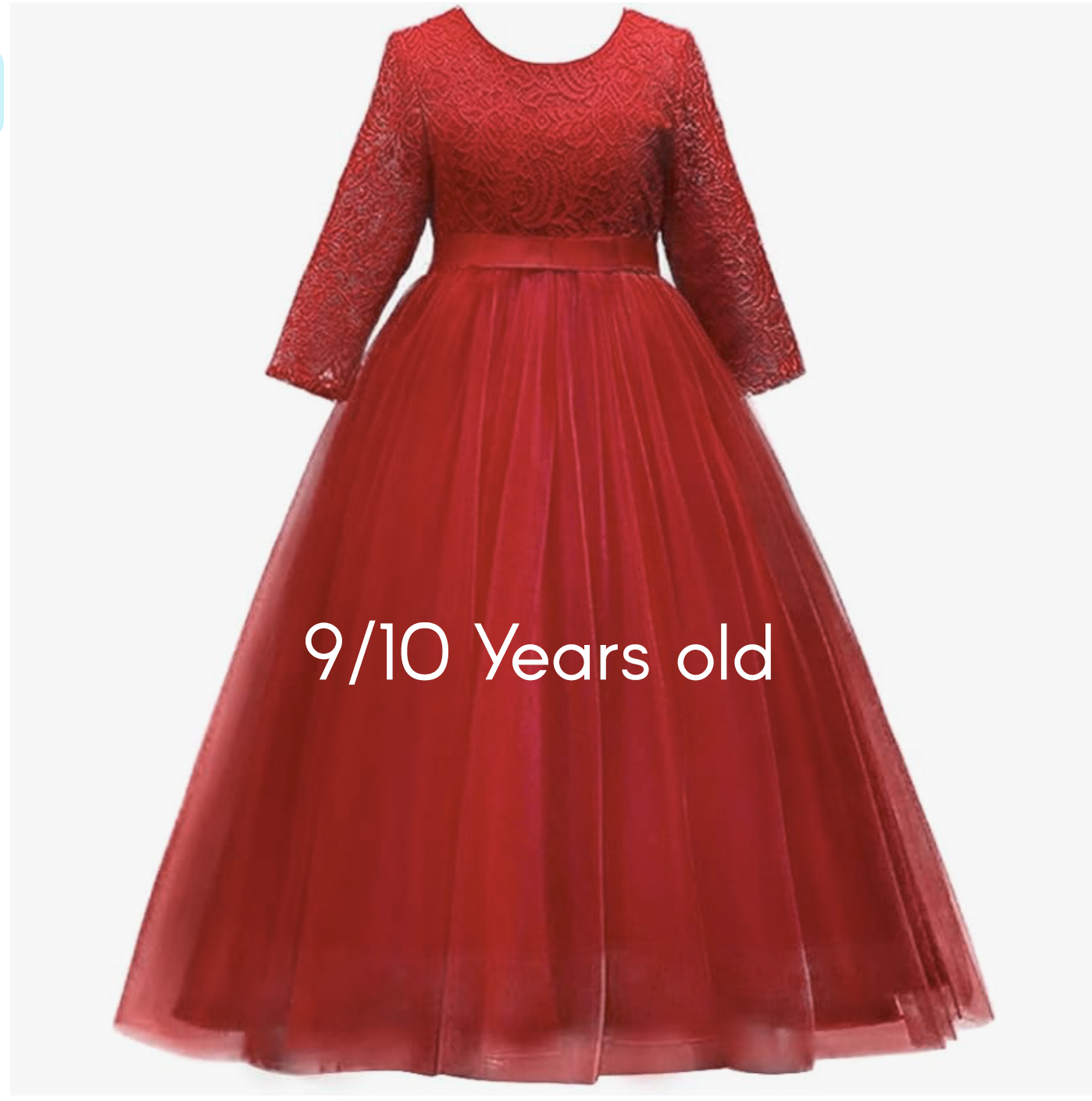 Girls red lace bodice ball gown dress with tulle skirt, size 9/10 years.